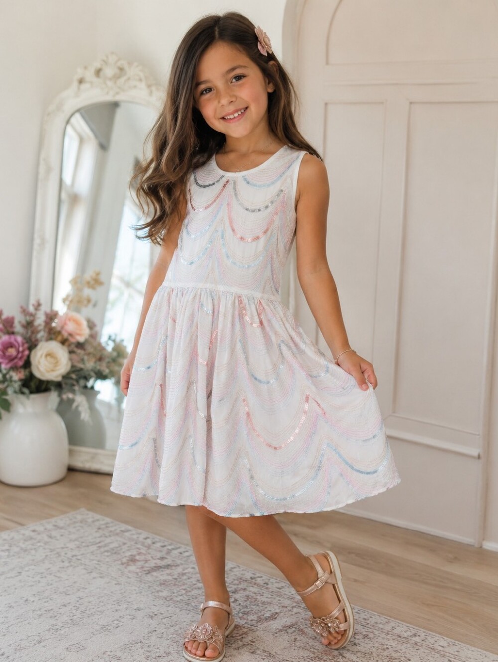 Billieblush Girls Sequin Party Dress Rainbow Pastel White Sleeveless Size 6-7